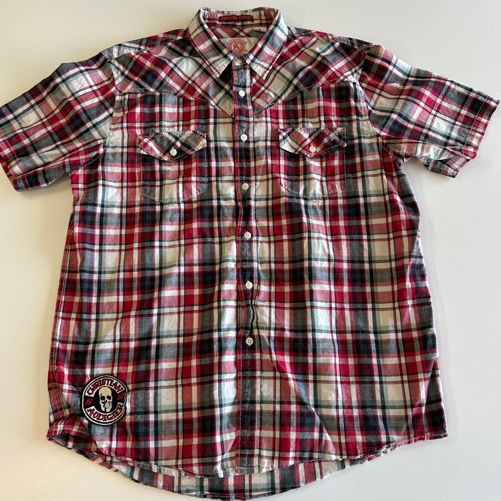 Christian Audigier Mens Red Plaid Skull Patch Short Sleeve Western Shirt XL